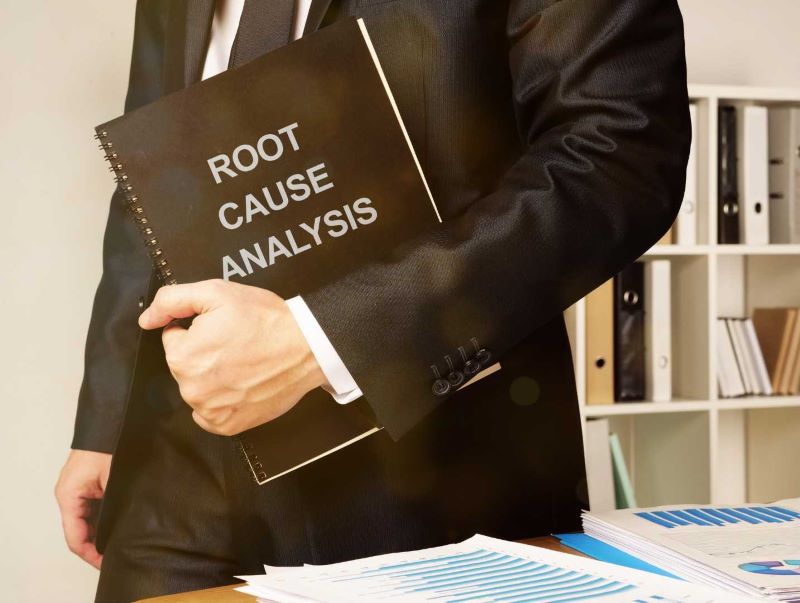 Man holding root cause analysis book.